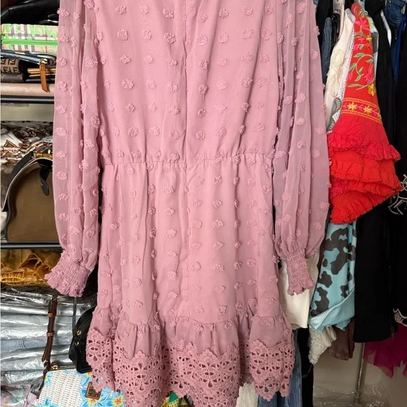 Simplee Apparel Dusty Pink Lace-Trim Long Sleeve Mini Dress - Picture 4 of 4